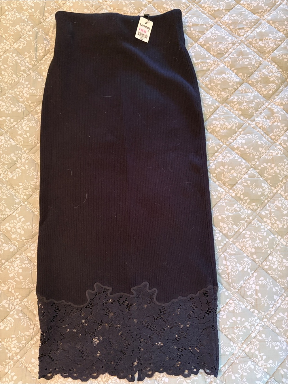 Express Black Midi Knit Skirt with Lace Trim